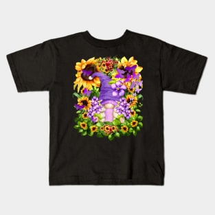 Sunflower Suicide Awareness Gnome With Purple Violet Flower Kids T-Shirt